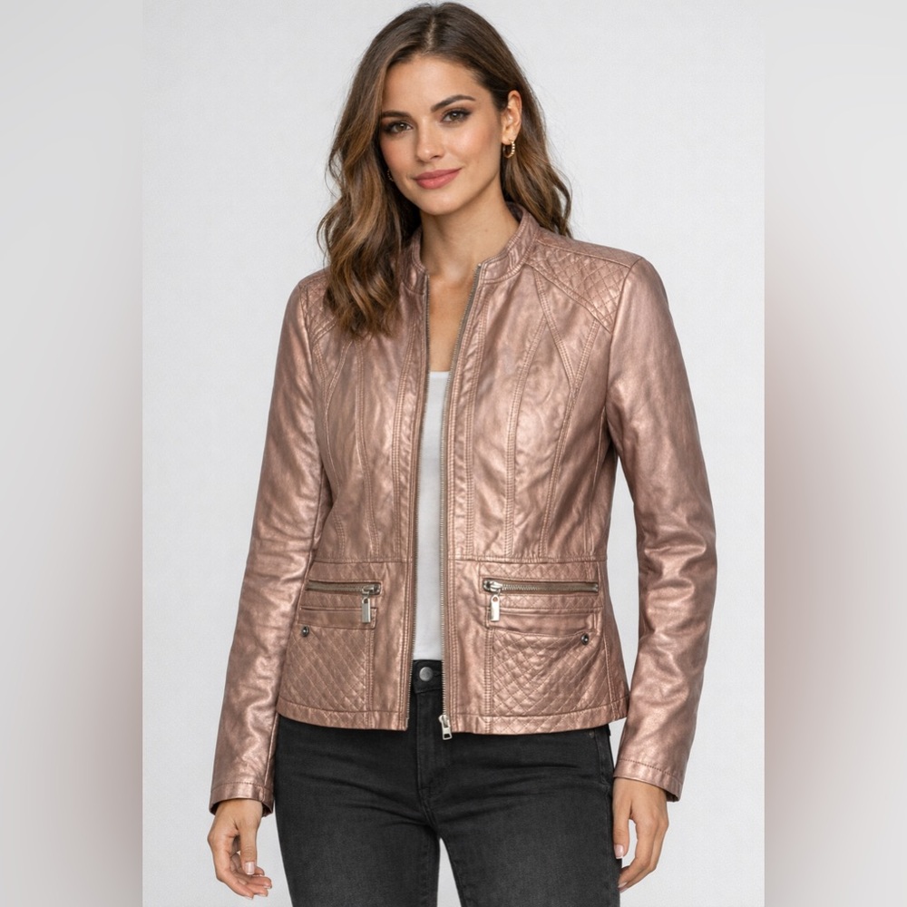 Bernardo Bronze Full Zip Biker Jacket Large Faux Leather Moto Chic Retro